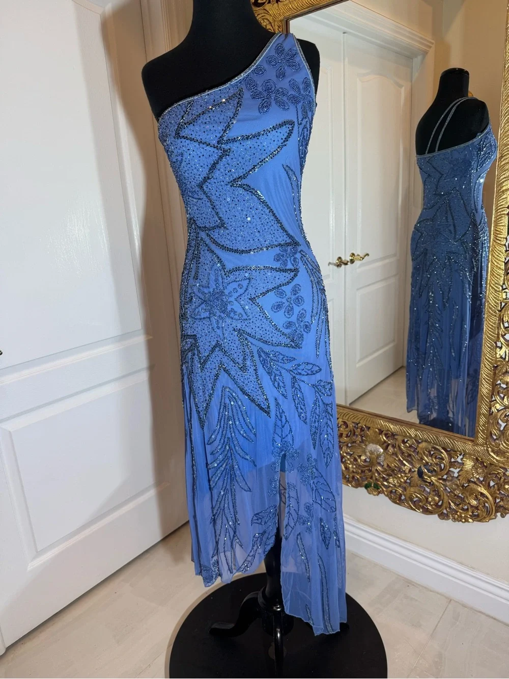 One-Shoulder‎ hand Beaded Dress in periwinkle Blue high low hem stretch fabric